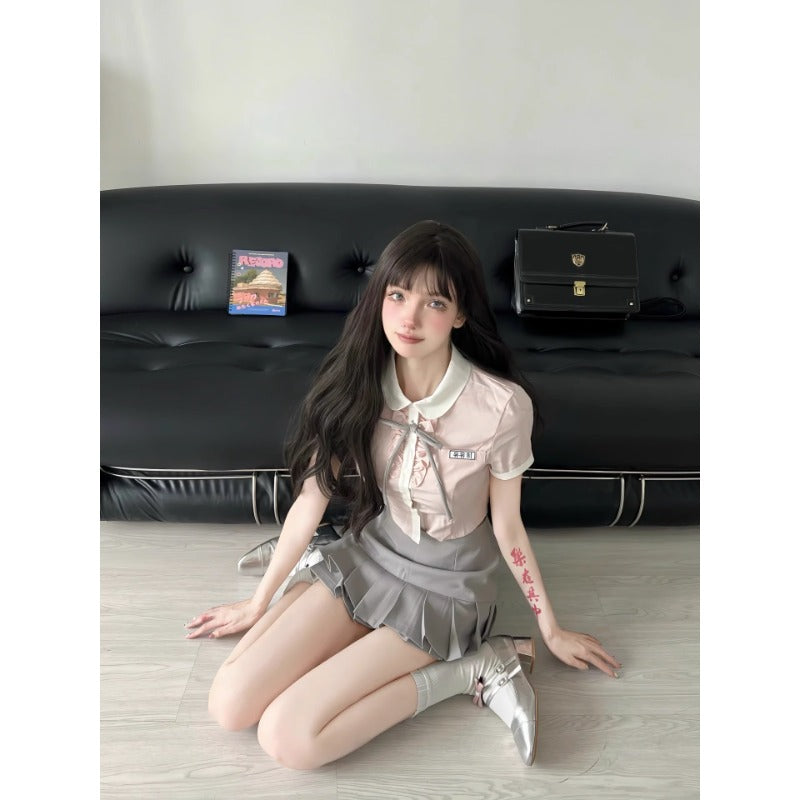 Jk Uniform Suit Summer College Style Hot Girl Pure Desire Pink Shirt Pleated Skirt Two-Piece Set - Jam Garden