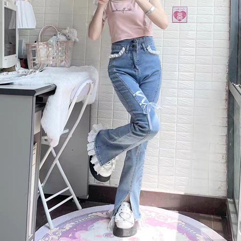 Sweet Hot Girl Small Lace Strappy Jeans New Ins Slim-Fit Elastic Slit Slightly Flared Wide-Leg Pants - Jam Garden