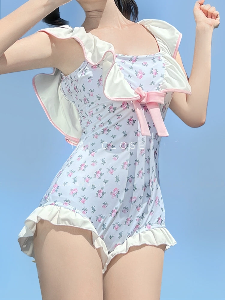 High-Value Swimsuit New Cute Girl Soft Sister Pink And Tender One-Piece Ruffled Floral - Jam Garden