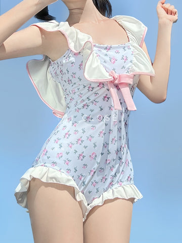 High-Value Swimsuit New Cute Girl Soft Sister Pink And Tender One-Piece Ruffled Floral - Jam Garden