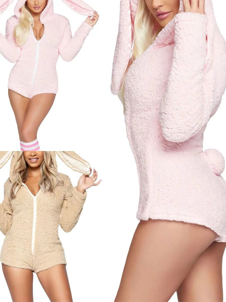 Sexy Knitted Party Dress Fall and Winter Rabbit Plush Hooded Jumpsuit
