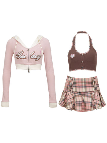 Retro Pink Coat Suspenders + Pink Brown Plaid Skirt - Jam Garden