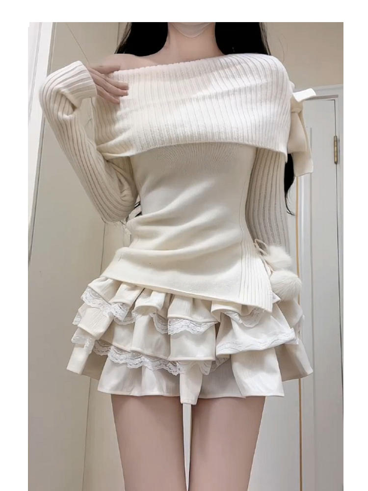 White Lover One Shoulder Bow Sweater Puffy Cake Skirt Suit
