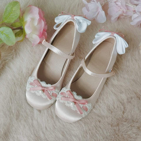 Pink round toe satin high heels Lolita handmade shoes