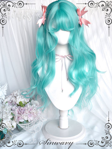 Comic cute green cos wig imitating Hatsune wavy long curly hair