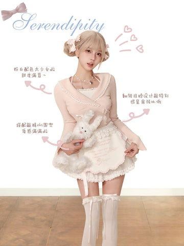 Serendipity Dessert Workshop pink knitted top + white halter neck strap + white skirt