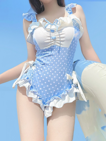 Blue Polka Dot Sweet Girl Cute Lolita One-Piece Swimsuit - Jam Garden