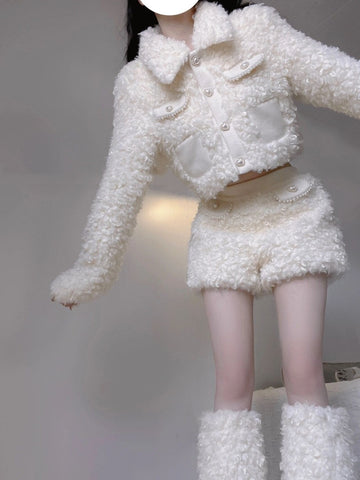 Sweet warm plush jacket + shorts new autumn and winter two-piece set