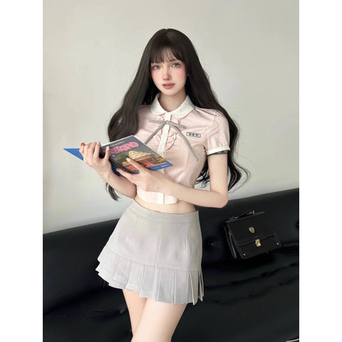 Jk Uniform Suit Summer College Style Hot Girl Pure Desire Pink Shirt Pleated Skirt Two-Piece Set - Jam Garden