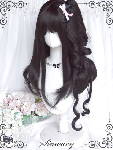 Natural black long curly Lolita wig