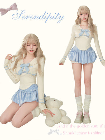 Serendipity Earl Jeanne Japanese soft girl blue autumn and winter bow set