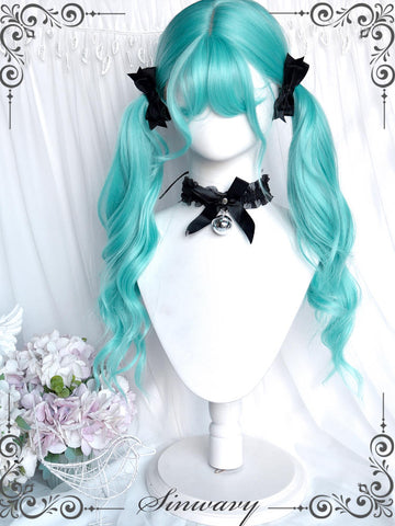 Comic cute green cos wig imitating Hatsune wavy long curly hair