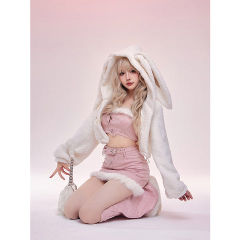 Rabbit Ears Woolen Coat Pink Skirt Suit