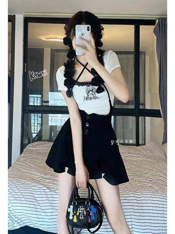 Girly Lace Patchwork Short-sleeved Black Suspender Skirt Suit