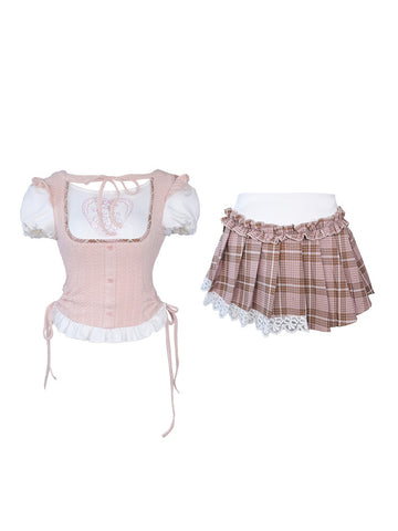 Serendipity Strawberry wafer pink top + plaid skirt