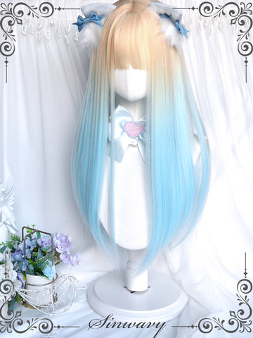 Yellow and blue gradient cute sweet wig soft girl original Lolita long straight hair
