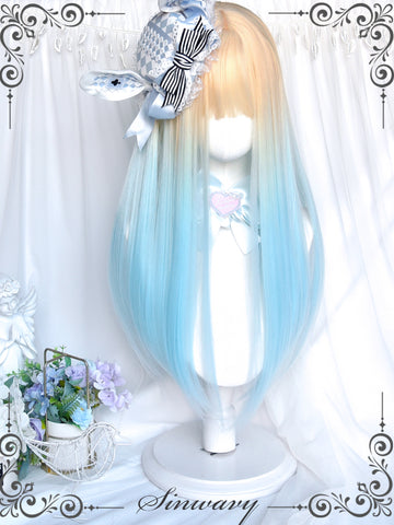 Yellow and blue gradient cute sweet wig soft girl original Lolita long straight hair