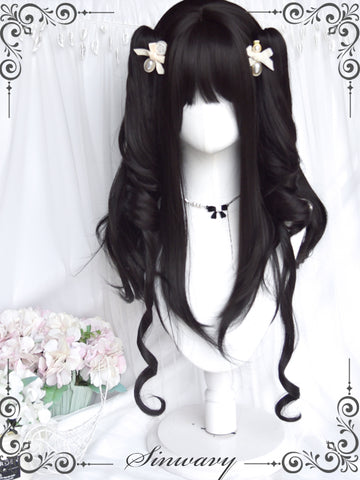 Natural black long curly Lolita wig