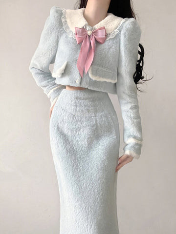 Temperament Plush Fashion Suit Jacket High Waist Skirt
