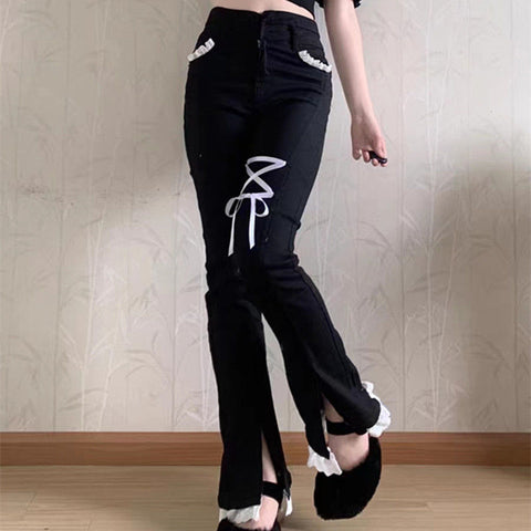 Sweet Hot Girl Small Lace Strappy Jeans New Ins Slim-Fit Elastic Slit Slightly Flared Wide-Leg Pants - Jam Garden