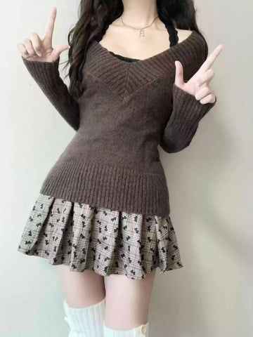 Vintage Fall/Winter Sweater Collection V-Neck Sweater Set