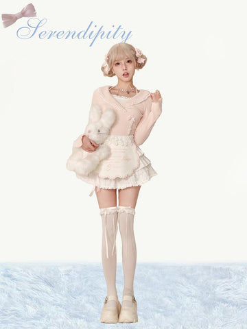 Serendipity Dessert Workshop pink knitted top + white halter neck strap + white skirt