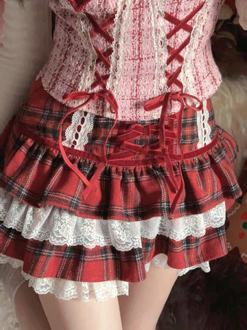 Bobon21 New Year Red Plaid College Plaid Lace Short Skirt Puff Skirt