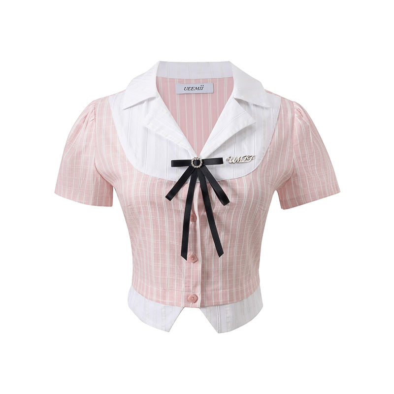 College Wind Bowknot Pink Waist Slimming Shirt Pure Desire Pleated Skirt Suit - Jam Garden