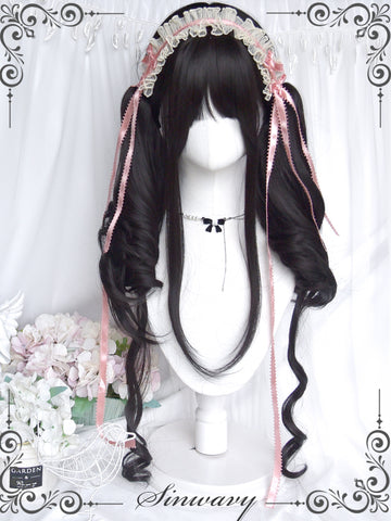 Natural black long curly Lolita wig