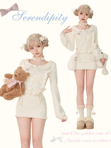 Serendipity Autumn and Winter Cute Creamy White Top + Skirt Two-piece Set