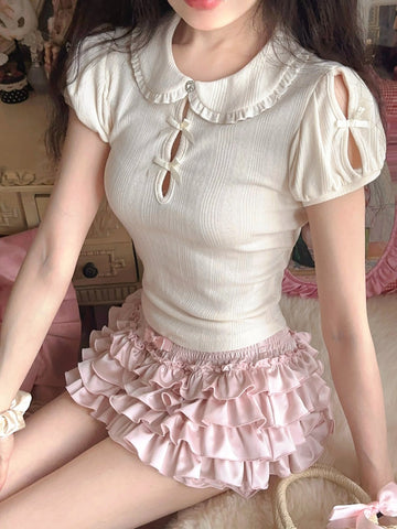 Bobon21 Cream Girl French Doll Collar Knitted Short Sleeve T-Shirt