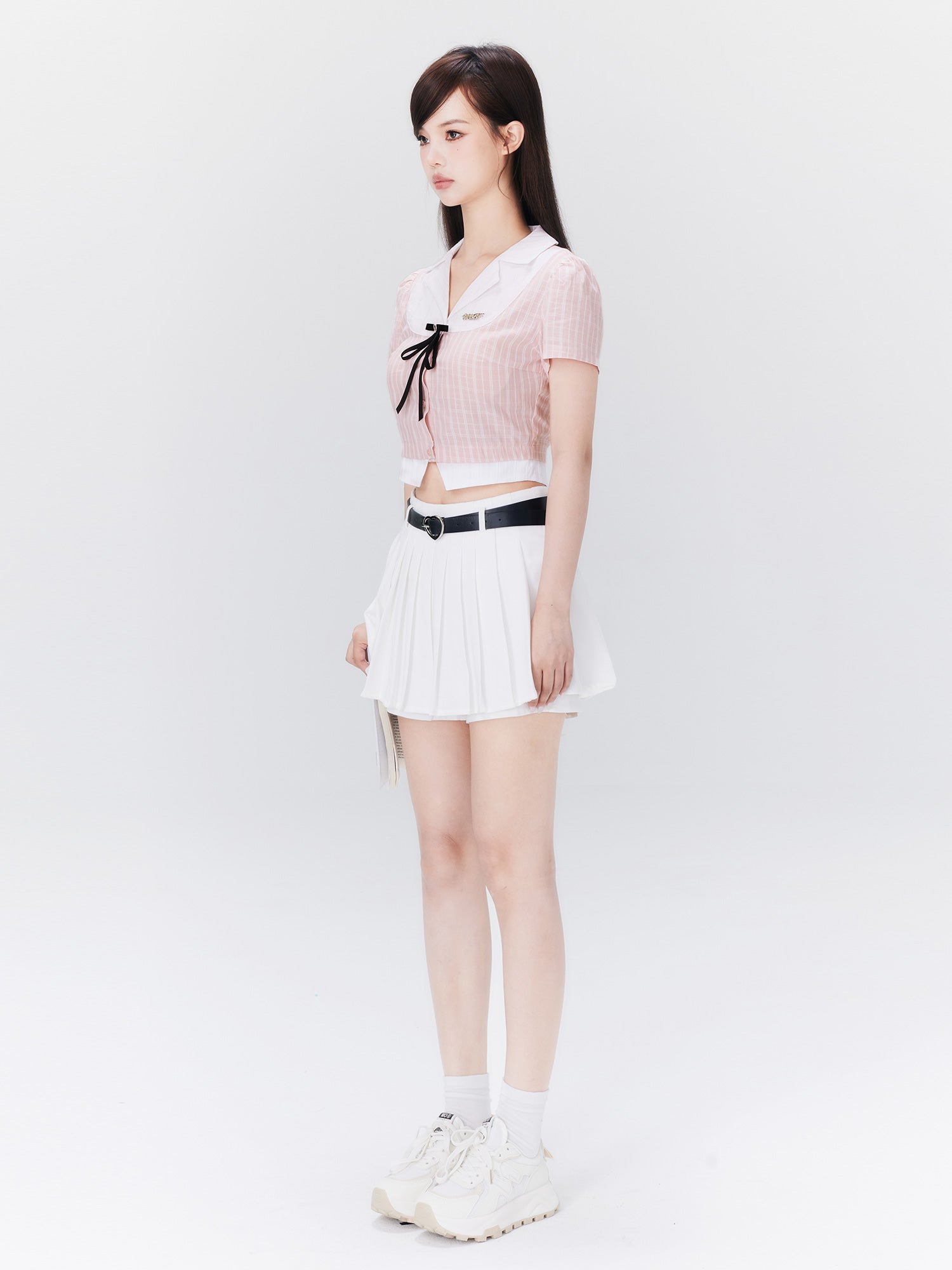 College Wind Bowknot Pink Waist Slimming Shirt Pure Desire Pleated Skirt Suit - Jam Garden