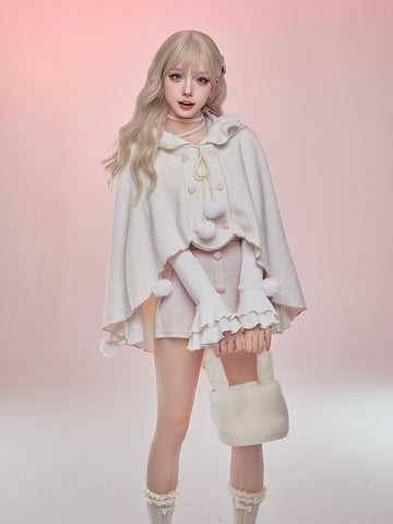 Cape + Pink and White Top + Skirt Three-piece Set