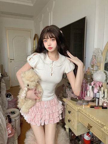 Bobon21 Cream Girl French Doll Collar Knitted Short Sleeve T-Shirt