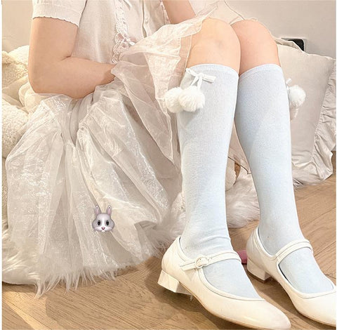 Lolita Bow Mid-Cut Lace Pom Cotton Socks