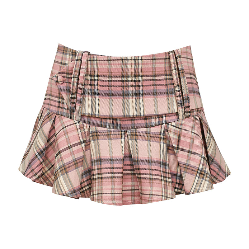 Retro Pink Coat Suspenders + Pink Brown Plaid Skirt - Jam Garden