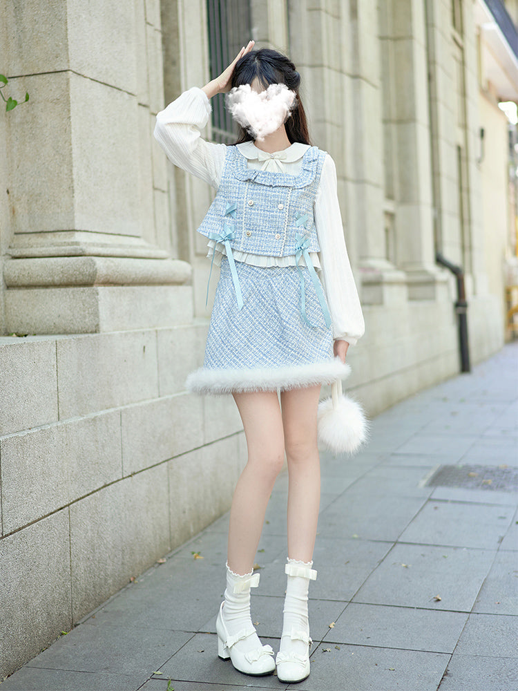French plaid vest knitted top sweet skirt suit for women
