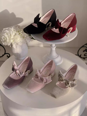 Original velvet square toe bow mid-heel women's shoes
