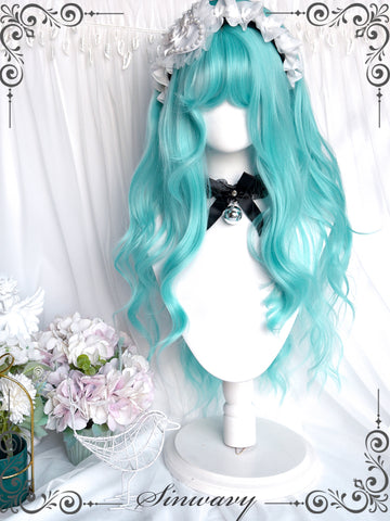 Comic cute green cos wig imitating Hatsune wavy long curly hair