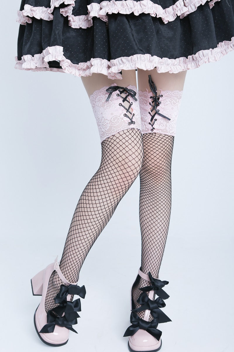 Pink Lace And Black Silk Over The Knee Lolita Socks - Jam Garden