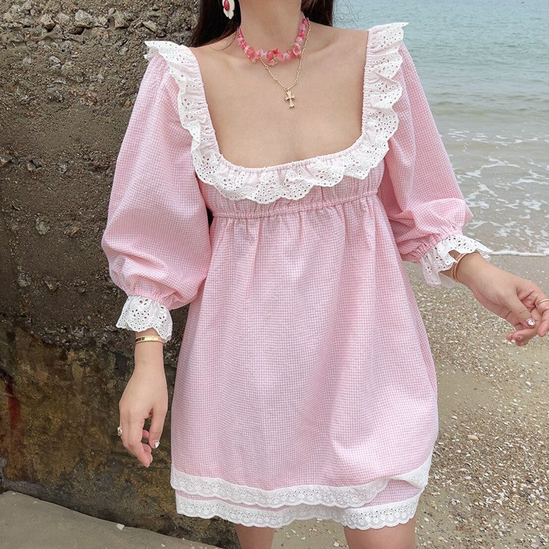 Sweet Pink Moonlight Spring And Summer French Retro Lace Holiday Dress With Generous Collar - Jam Garden