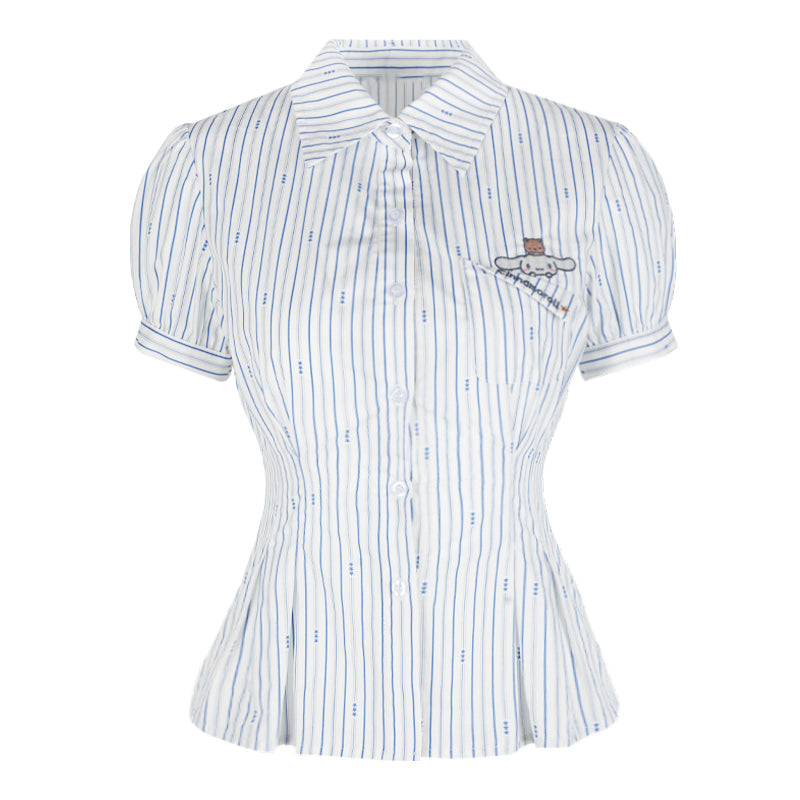 Cinnamoroll Co-Branded Shirt Summer Commuting Pleated Puff Sleeve Short Sleeve Waist Striped Slim - Jam Garden