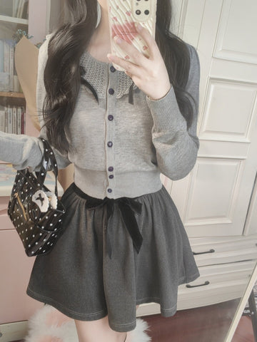 Girly sailor long-sleeved floral gray mohair knitted coat dress
