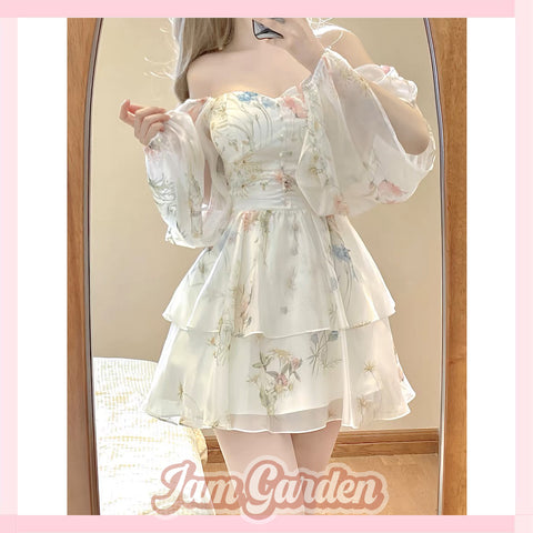 French High-End Long-Sleeved Floral Dress