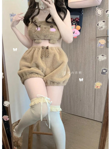 Japanese Cute And Sweet Furry Camisole Pumpkin Pants