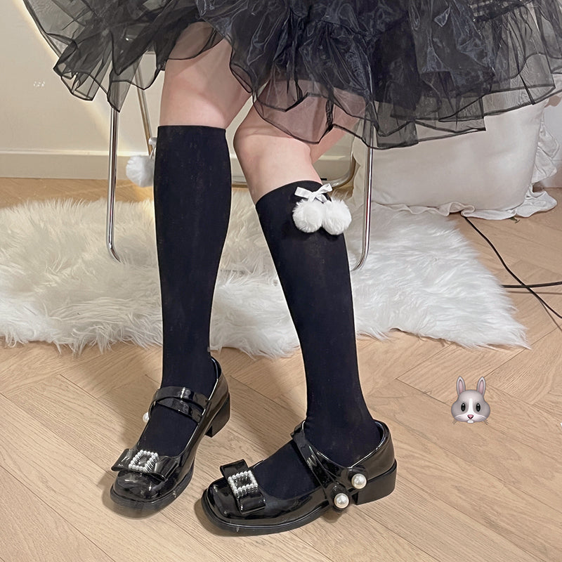 Lolita Women's Autumn Bow Mid-calf Socks Lace Wool Ball Cotton Socks