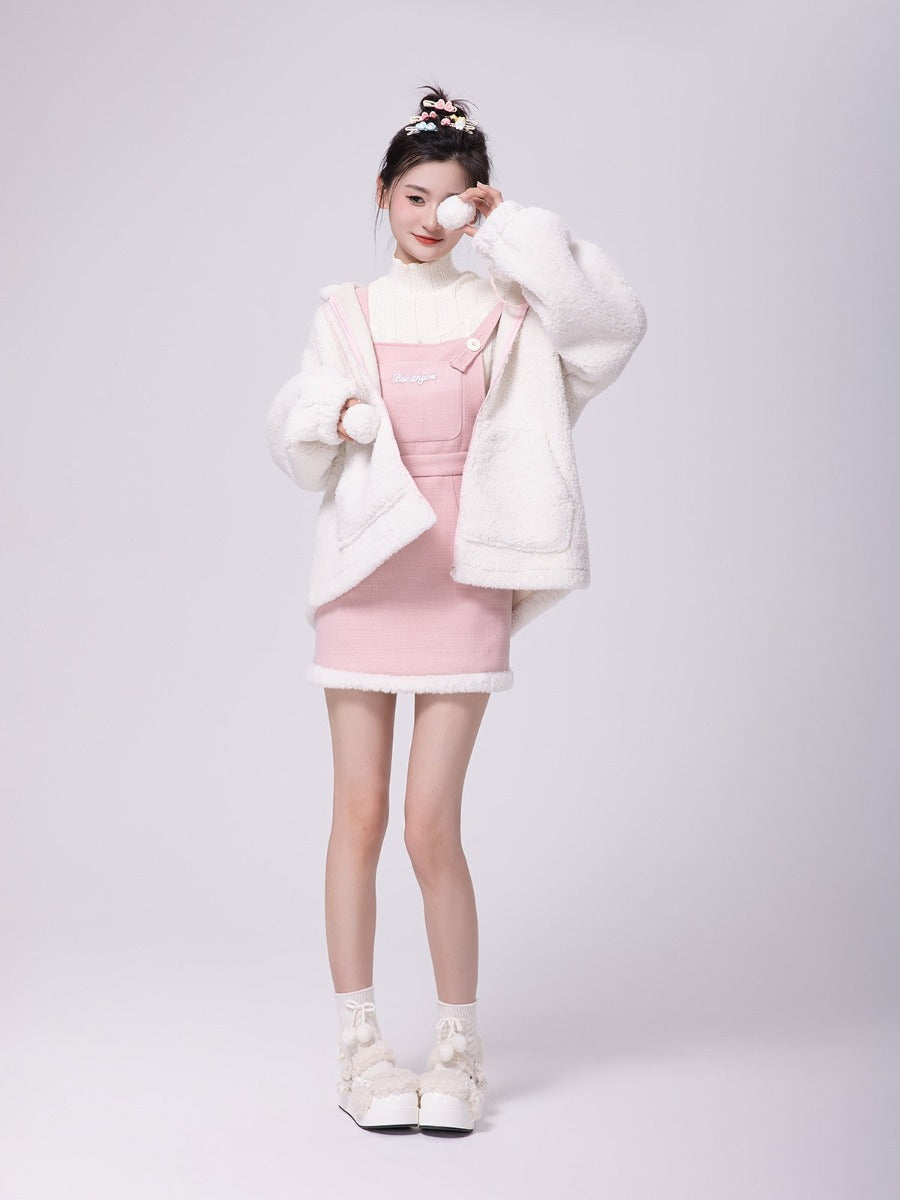 Original sweet girly plush bunny hooded skirt overalls suit