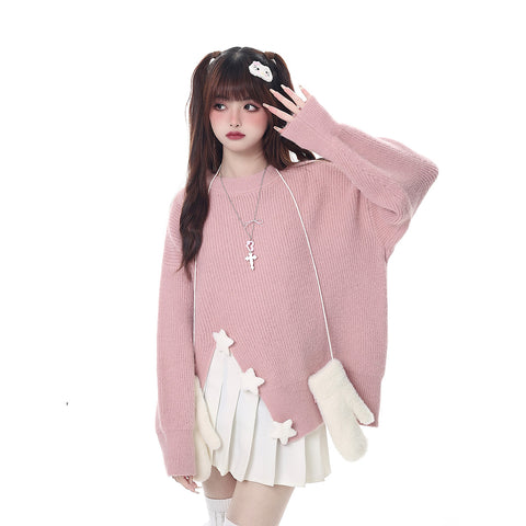 Girls' Knitted Star Solid Color Crew Neck Sweater