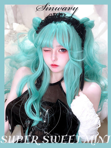 Comic cute green cos wig imitating Hatsune wavy long curly hair