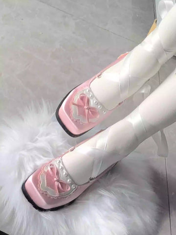 Square toe mid heel satin pearl elegant loli